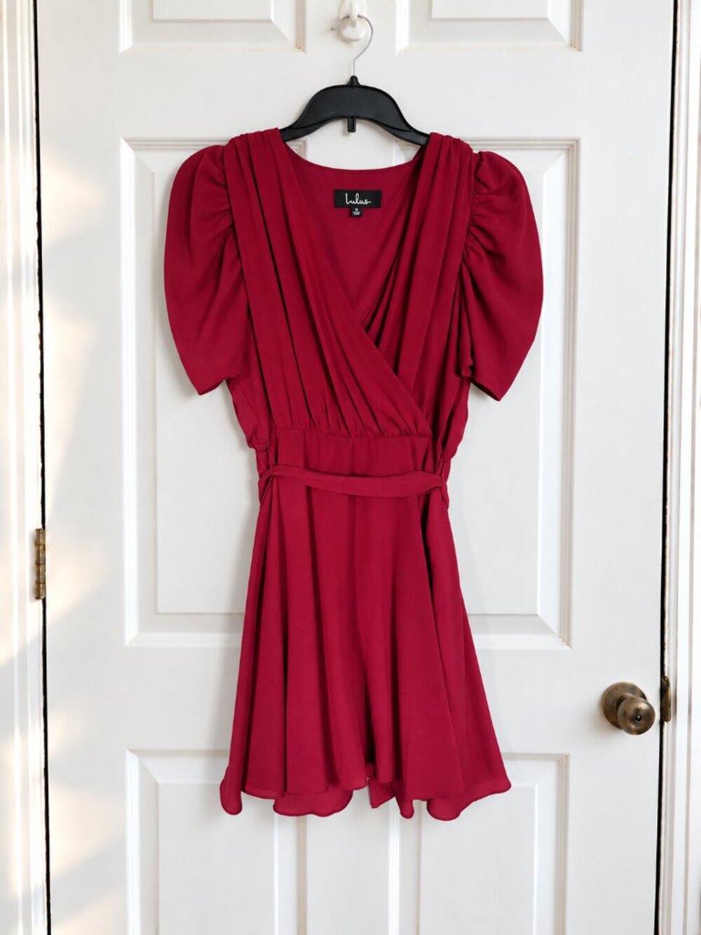 Lulus Burgundy Red Puff-Sleeve Surplice Tie-Waist Skater Mini Dress Size S
